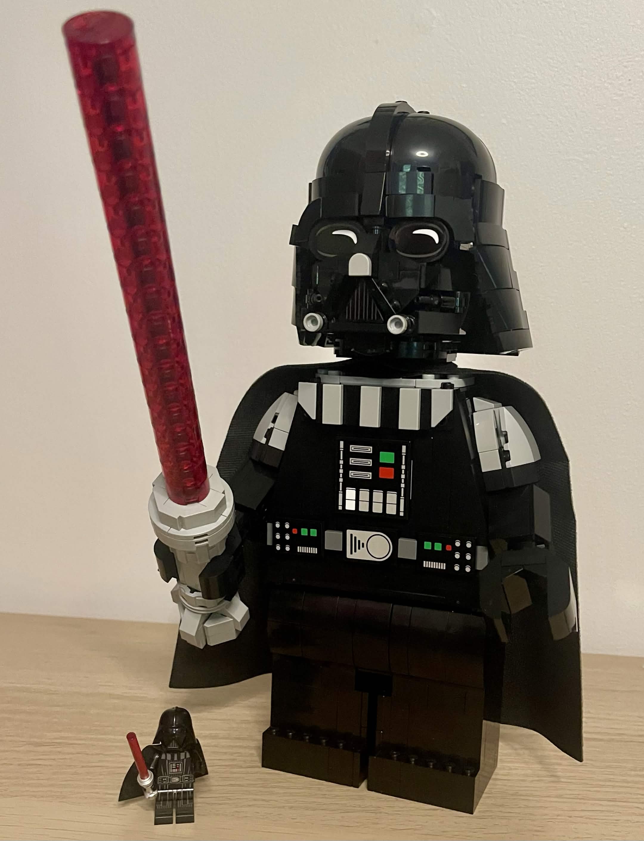 LEGO 75461 Up-Scaled Darth Vader next to standard Darth Vader minifigure