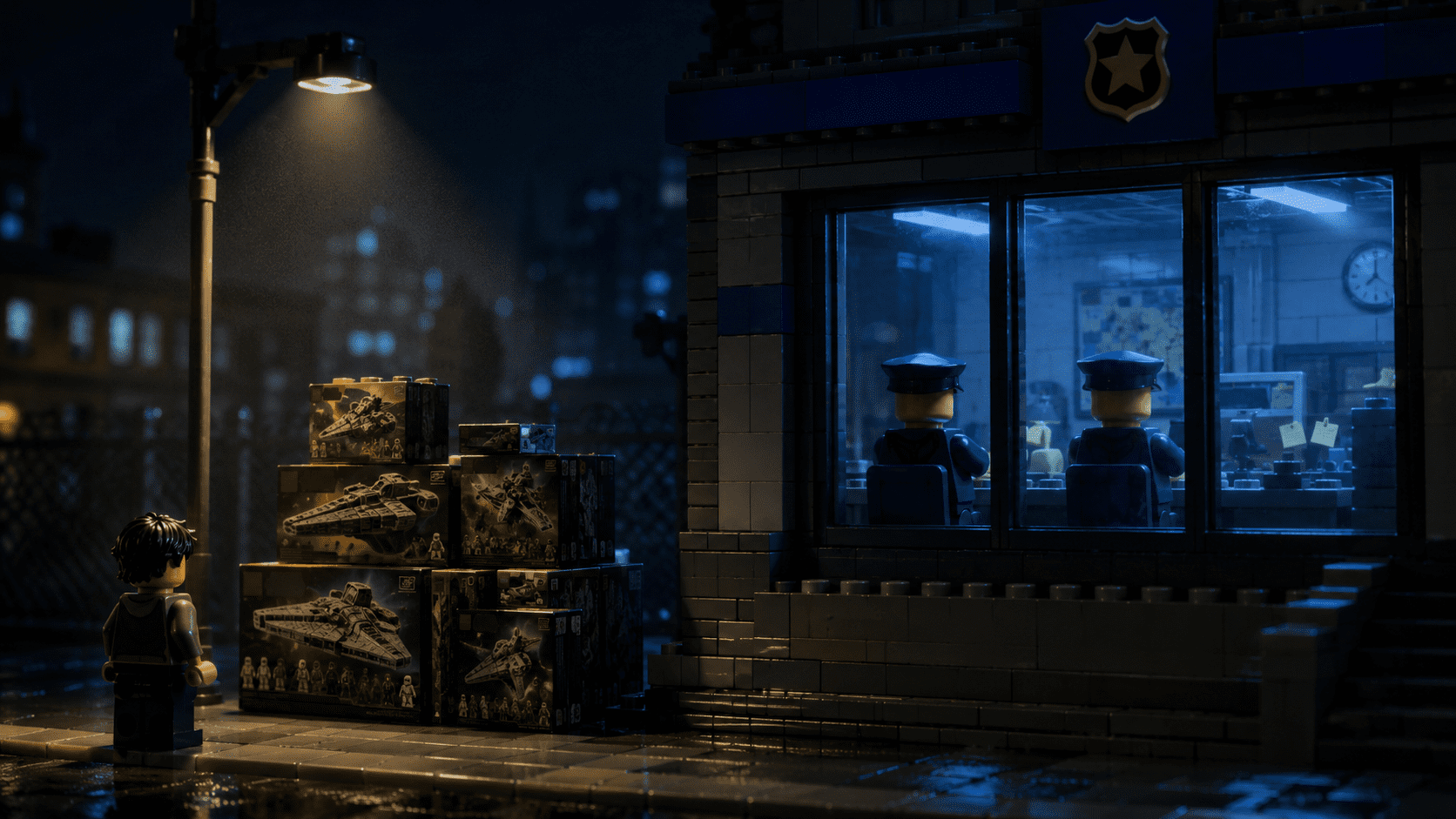 LEGO police officers sit with backs turned while Star Wars sets sit unclaimed in the rain