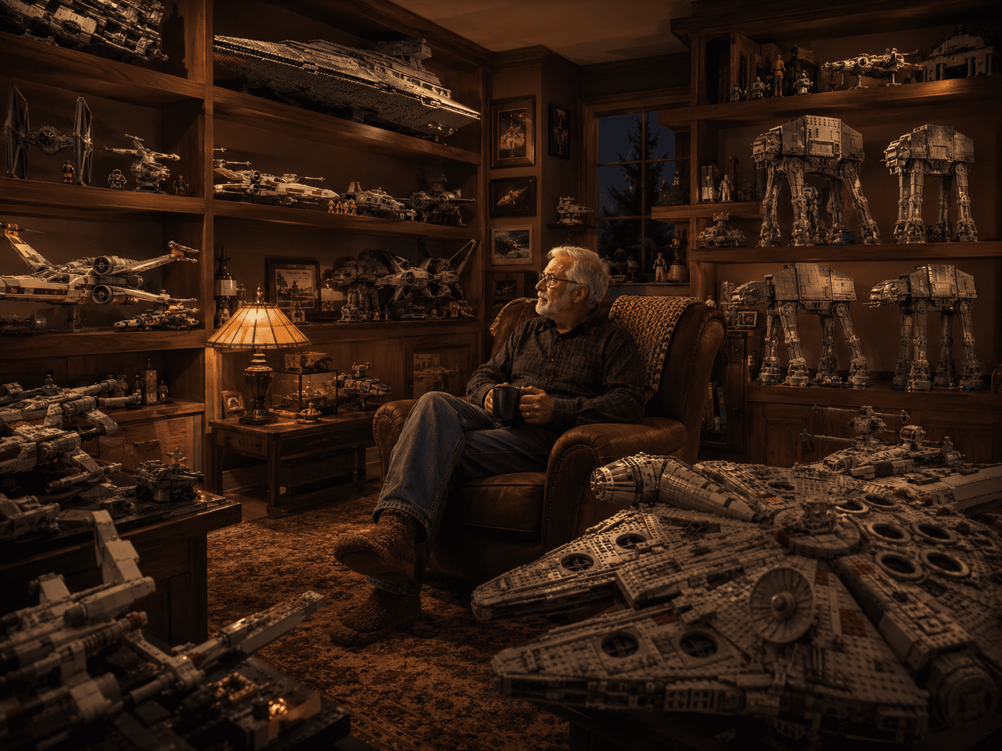 An elderly man sits surrounded by a lifetime of LEGO Star Wars sets