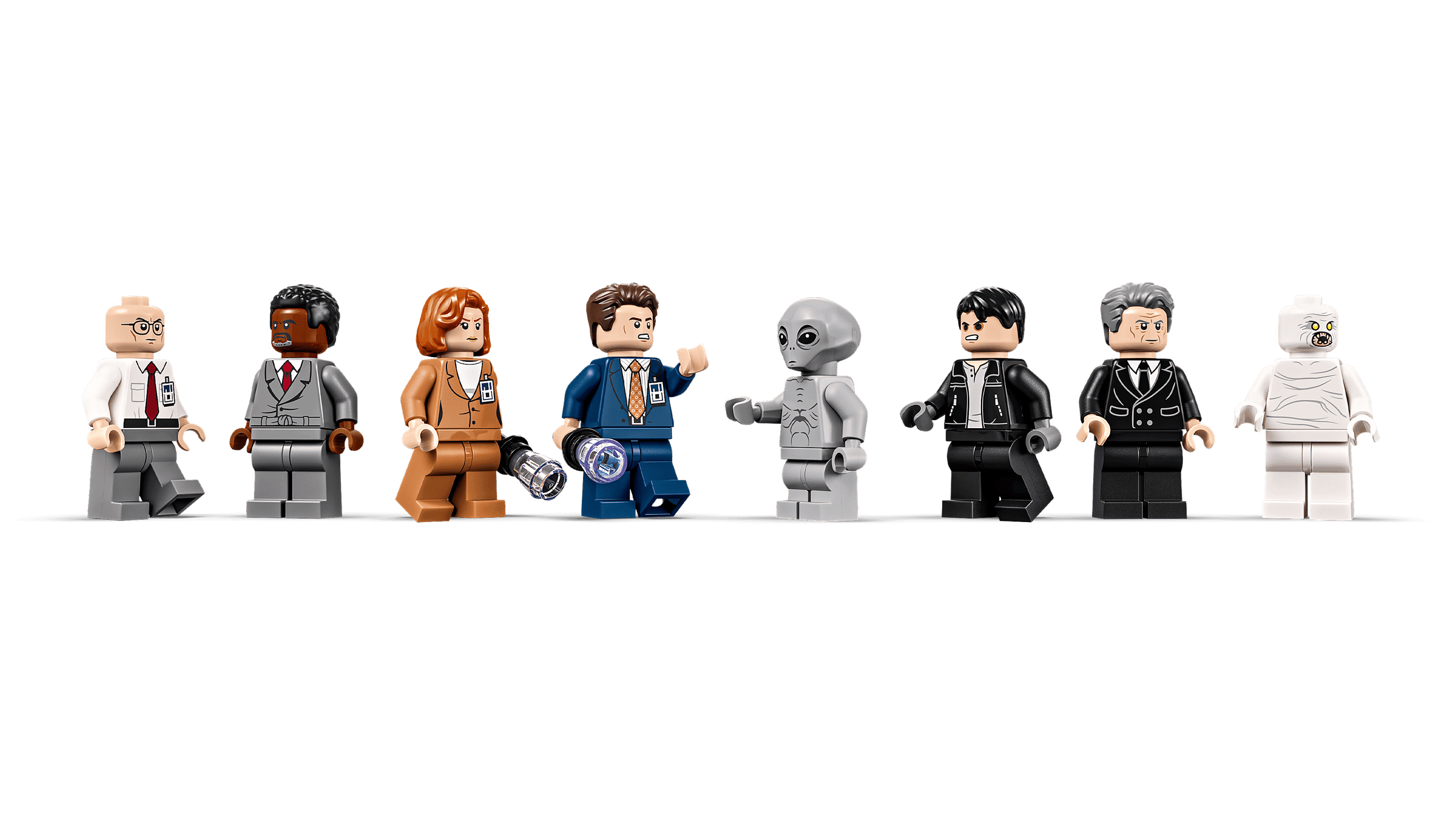 All eight LEGO X-Files 21369 minifigures lined up
