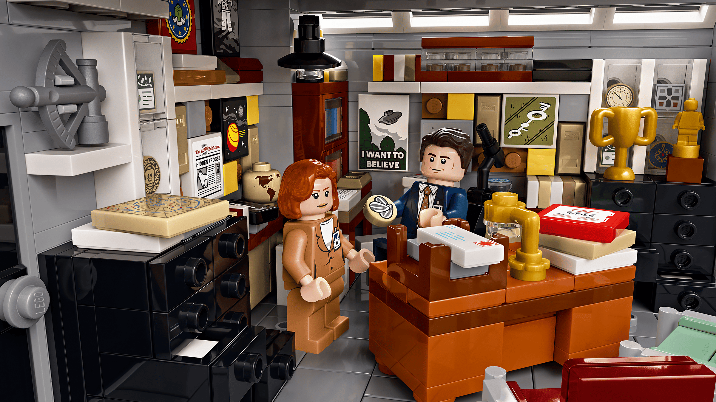 LEGO X-Files 21369 Mulder office interior with Mulder and Scully minifigures and the I Want to Believe poster