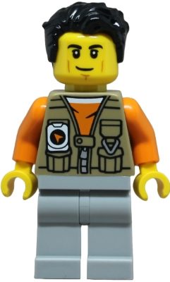Adventurer - Male, Dark Tan Vest over Orange Shirt, Light Bluish Gray Legs, Black Hair
