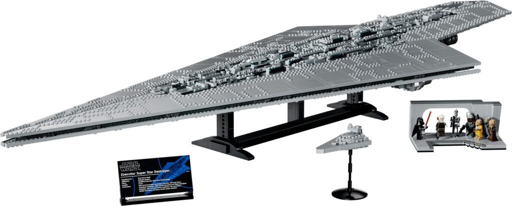 LEGO Star Wars 75457 Executor Super Star Destroyer official product image with display stand, plaque and minifigure display