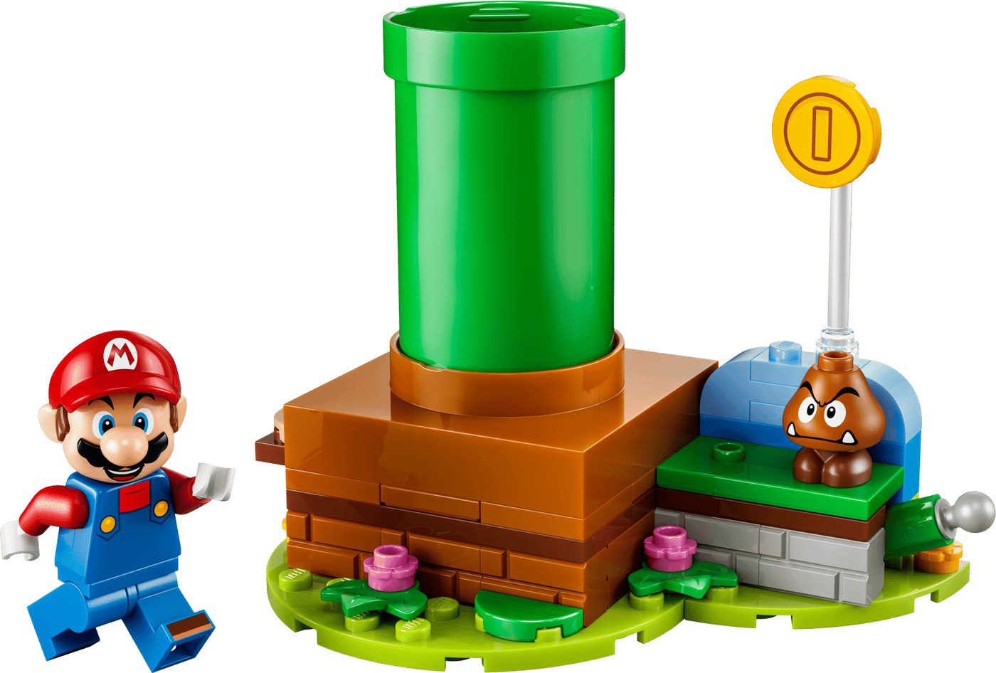 LEGO 72052 Mario's Pipe Jump with a standard Mario minifigure, warp pipe and Goomba