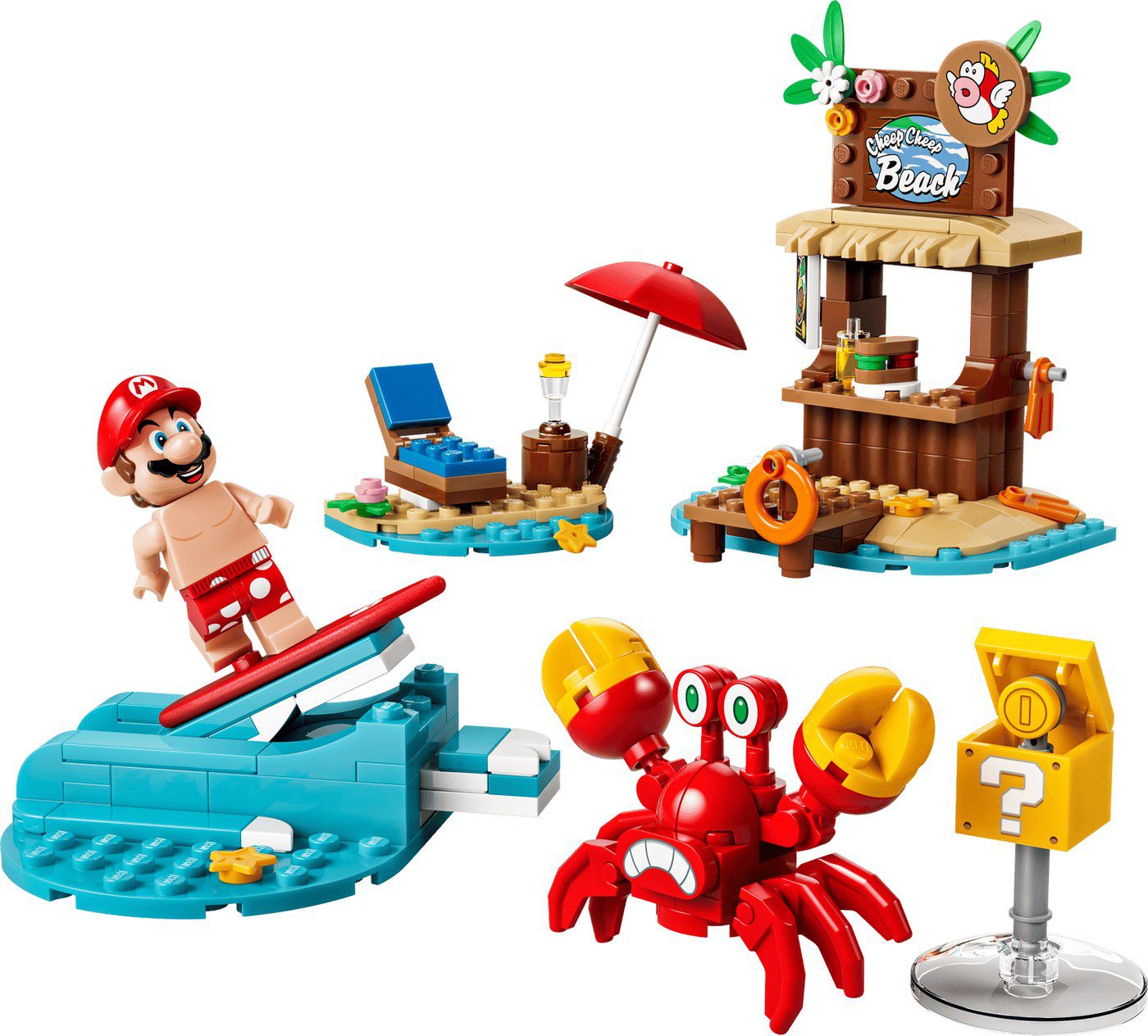 LEGO 72055 Mario's Beach Adventures with Surfing Mario in swim trunks, a crab and a beach hut