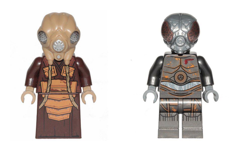 LEGO Zuckuss and 4-LOM minifigures side by side, the two rarest bounty hunters in set 75457
