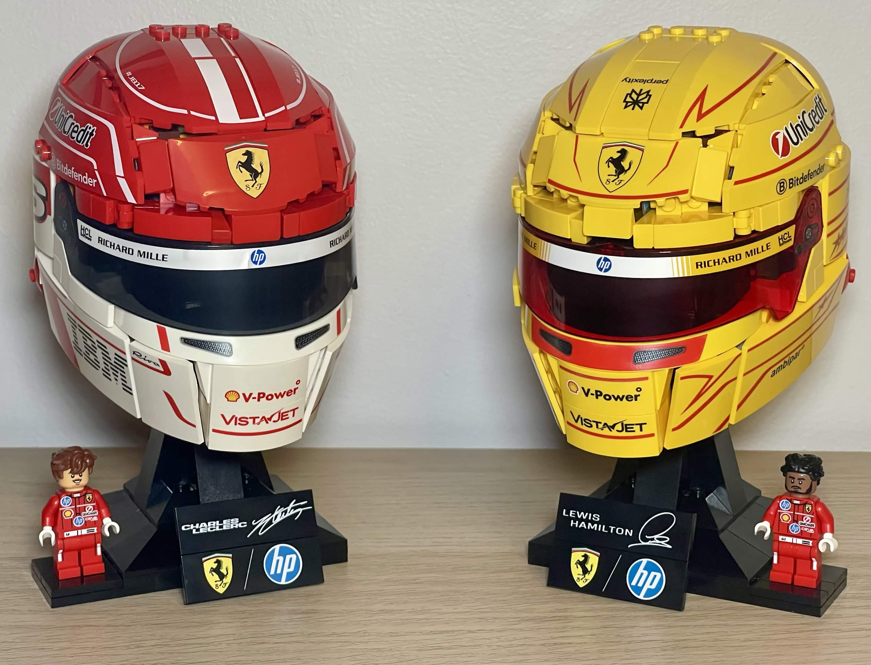 LEGO 43014 Charles Leclerc and 43022 Lewis Hamilton helmets side by side