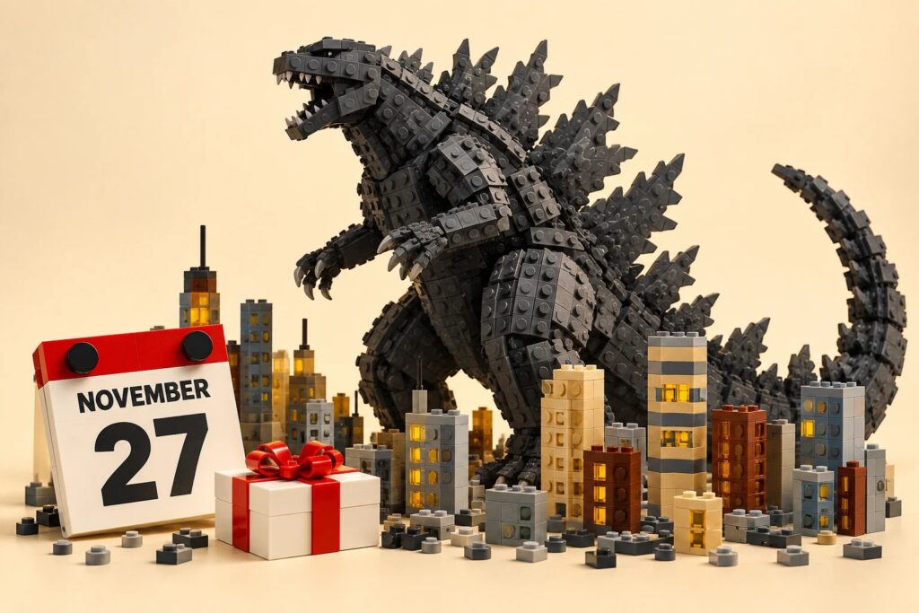 AI-generated illustration of a giant brick-built monster over a toy-brick city skyline beside a November 27 calendar and a gift box