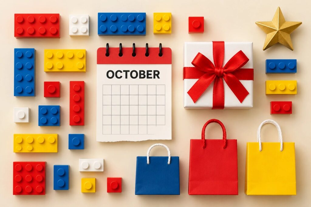 Colorful LEGO bricks, a torn October calendar page, a red-ribboned gift box, and shopping bags, representing new LEGO sets, GWPs, and October 2026 sales