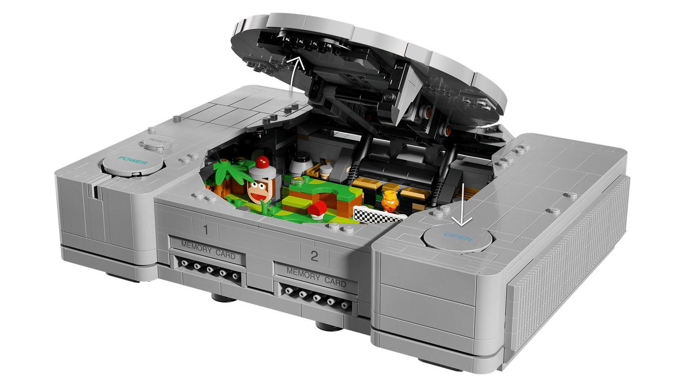 Hidden Ape Escape diorama revealed under the open disc lid of LEGO PlayStation 72306